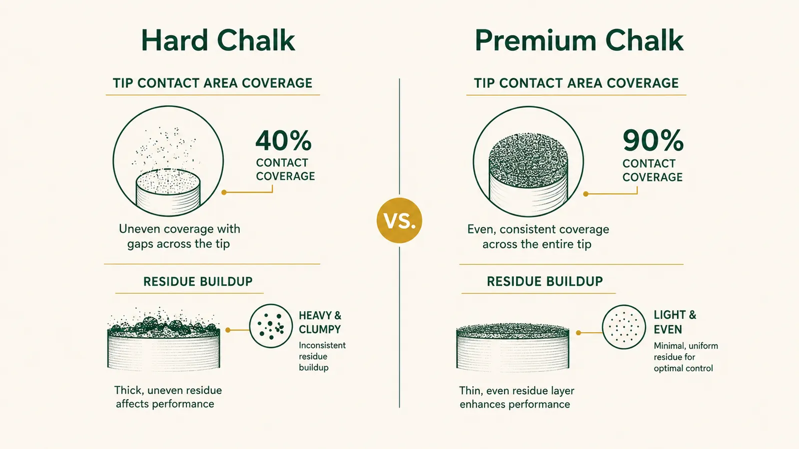 Split graphic comparing hard chalk residue buildup vs clean Predator chalk application on a cue tip