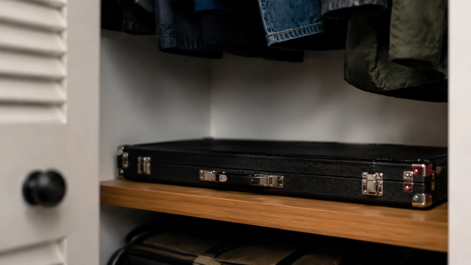 Pool cue case stored horizontally on a closet shelf with proper humidity control visible