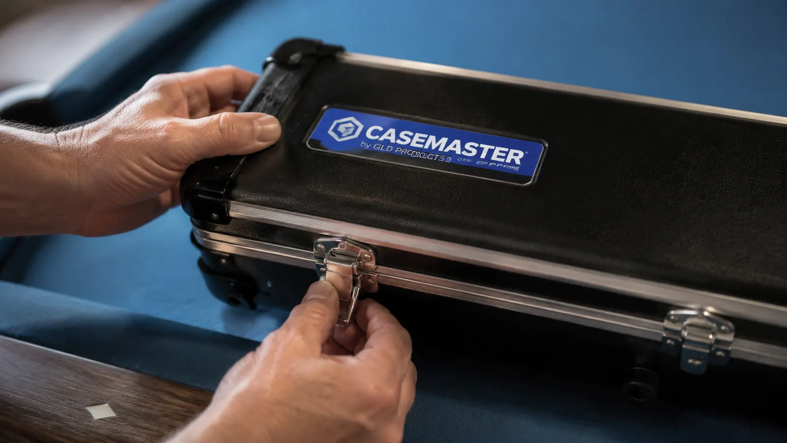 Close-up of the Casemaster Q-Vault Supreme latches and aluminum trim rail along the case edge