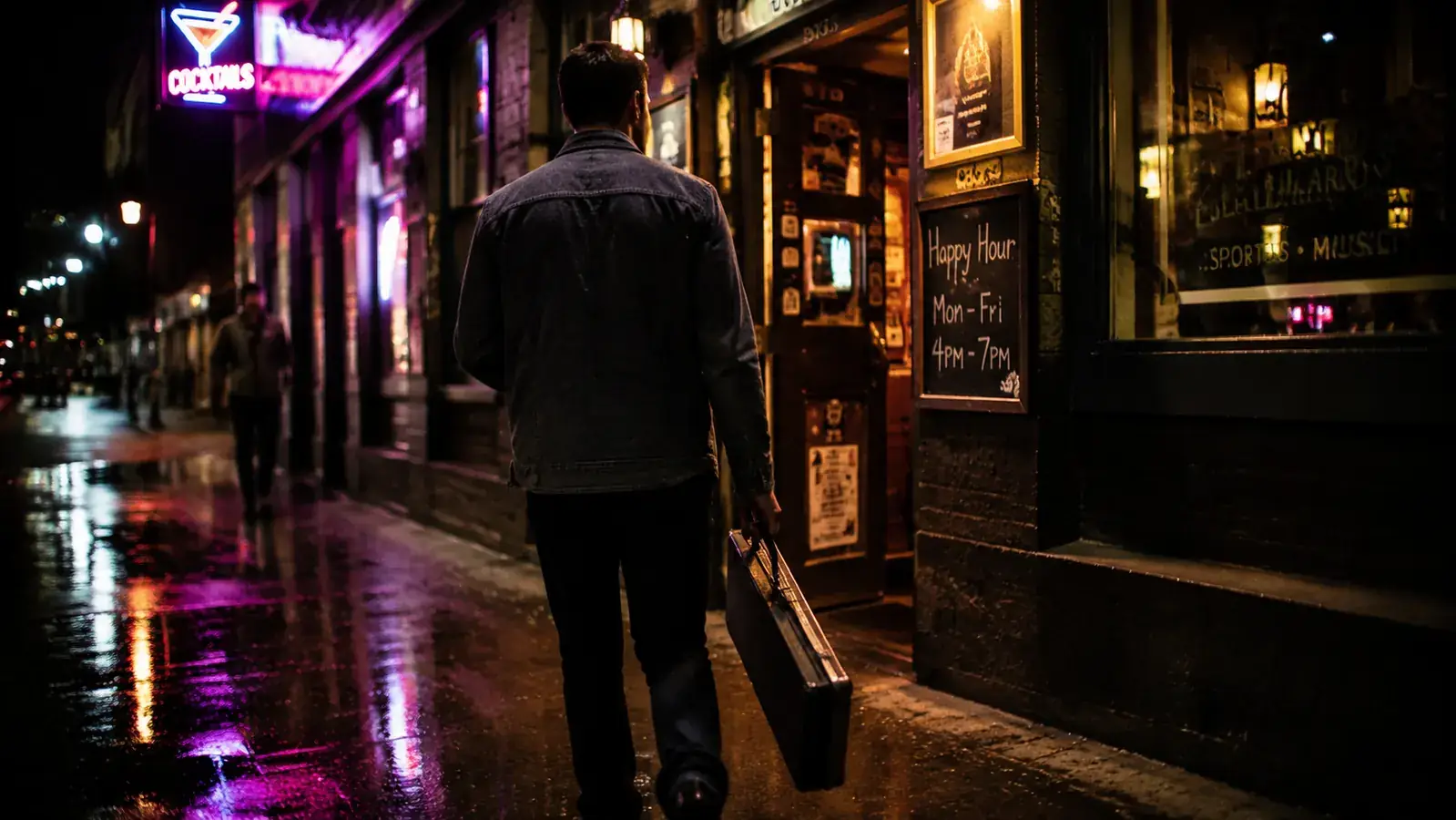 Player walking through a parking lot carrying the Casemaster Q-Vault Supreme by its handle, pool hall entrance in background