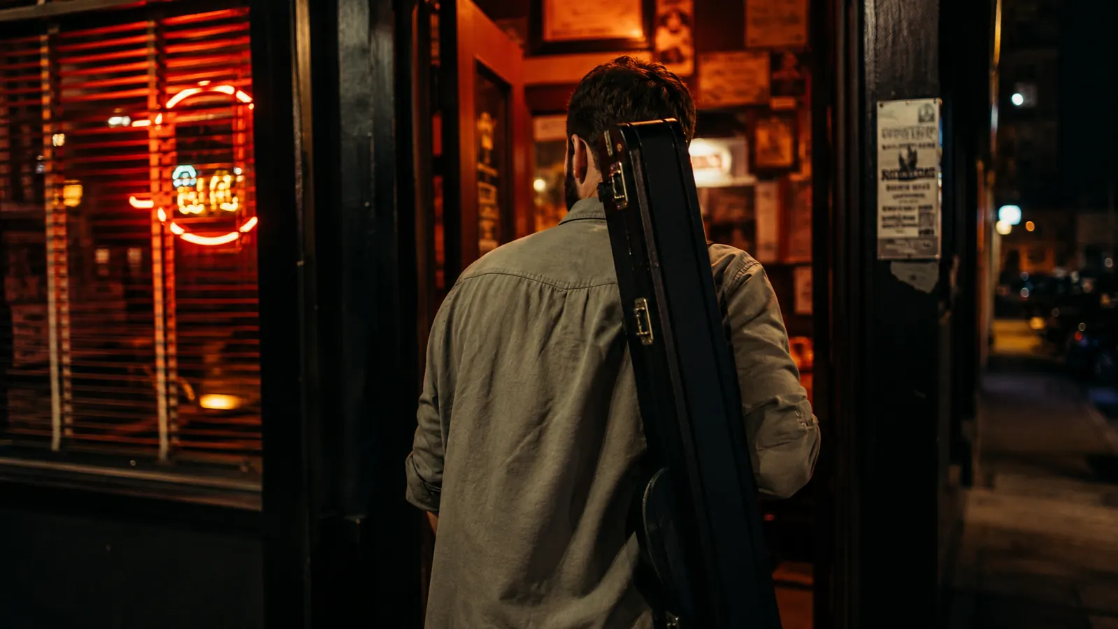 Pool player carrying a hard cue case over shoulder while walking into a bar at night