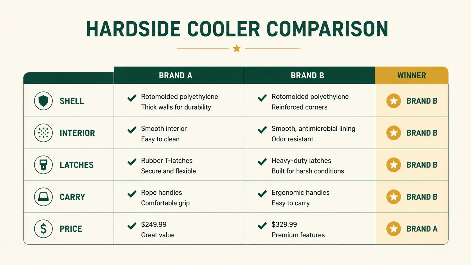 Comparison chart showing feature rows for Casemaster Q-Vault versus Predator Roadline across price, shell material, interior, latches, and carry options