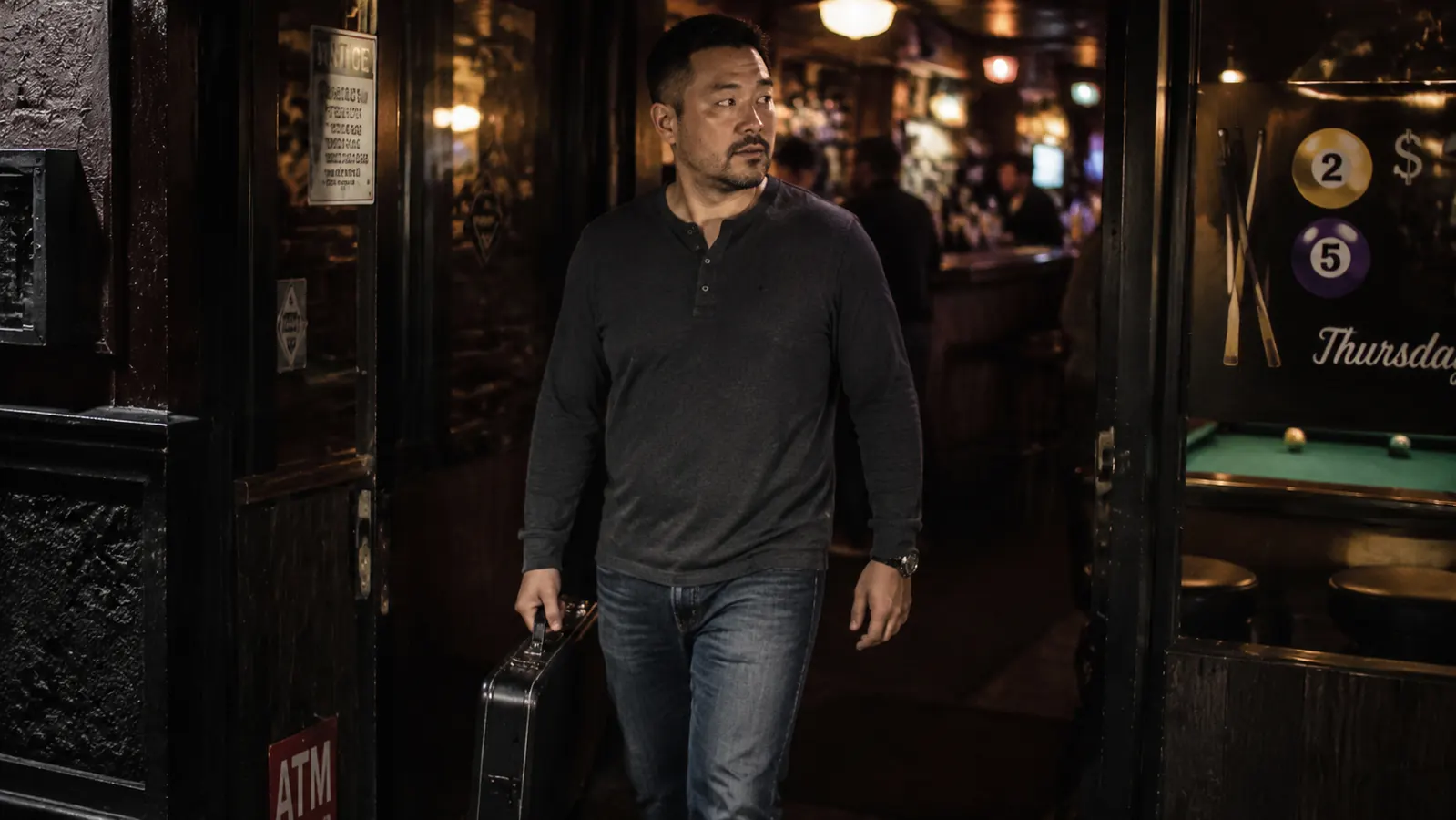 Pool player carrying a hard cue case over their shoulder while walking into a bar venue for league night