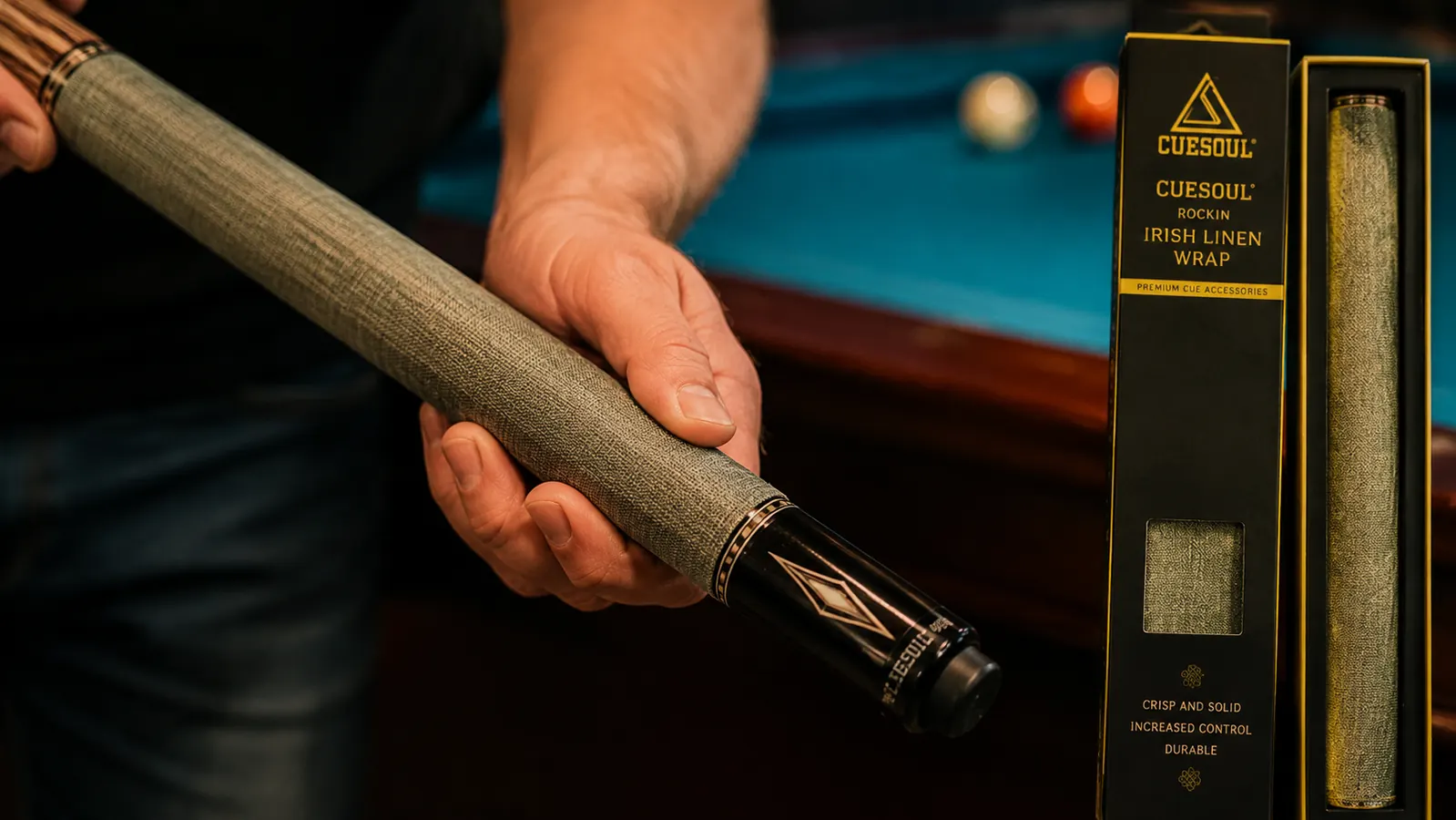 Irish linen wrap on a pool cue butt section showing texture and grip area