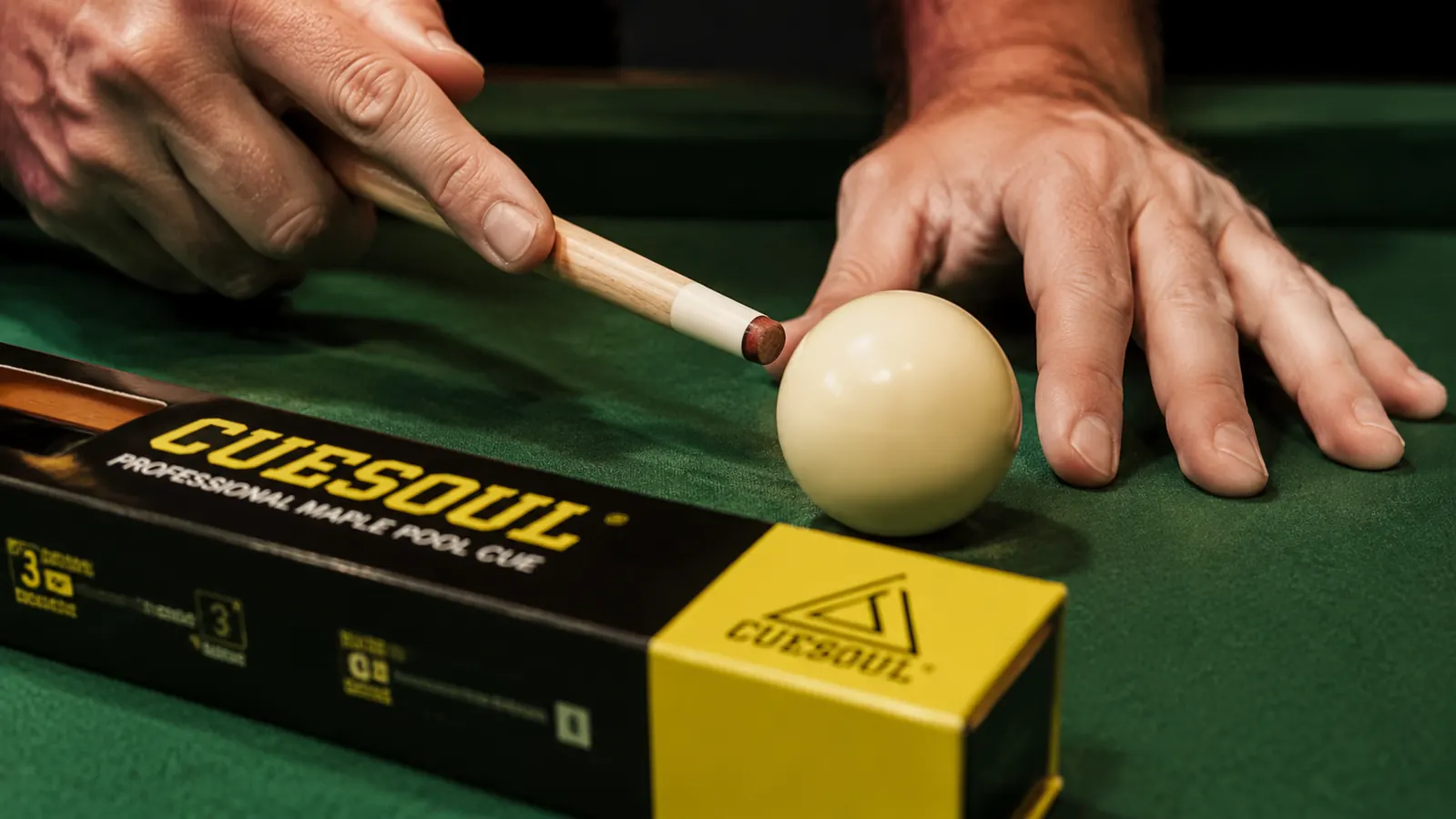 Close-up of a CUESOUL Rockin cue tip and ferrule resting against a billiard ball on a pool table