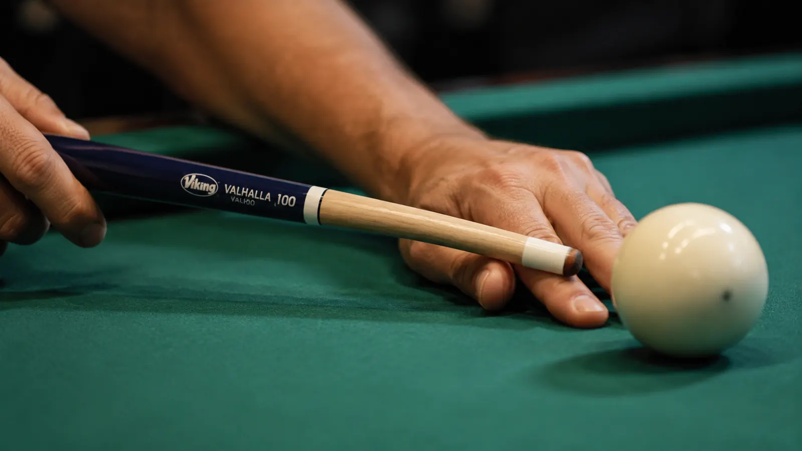 Close-up of the Viking Valhalla 100 cue tip and ferrule ready to strike a cue ball